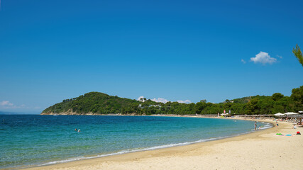 Fototapeta na wymiar Koukounaries , the world-famous beach of the island of Skiathos in Greece, combines the green of the pine, the blonde sand and the crystal clear sea.