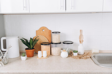 Modern  kitchen with zero waste food and dishes cleaning items. Sustainable lifestyle concept.