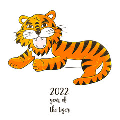 Symbol of 2022. Illustration with tiger in hand draw style. New Year 2022 Tiger lying. Cartoon animal for cards