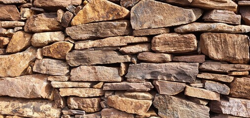 Wall texture, with stacked natural stones in irregular pattern. Rock wall. Texture and background, of natural stones.