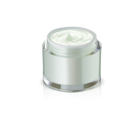 Opened and closed jars of luxury face cream isolated on white background