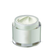 Opened and closed jars of luxury face cream isolated on white background