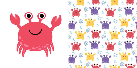 Cute red crab and Childish seamless pattern with bright crabs. Perfect for kids apparel,fabric, textile, nursery decoration,wrapping paper. Vector on white background