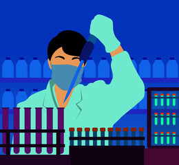 The concept of scientific experience in the laboratory. A masked man is a cartoon character conducting experiments in flasks in the laboratory for an experiment. The concept of developing a flu vaccin