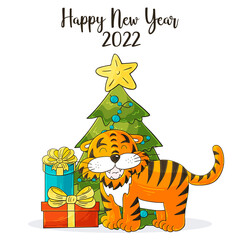Symbol of 2022. Square New Year card in hand draw style. Christmas tree, gifts, tiger. Year of the tiger 2022