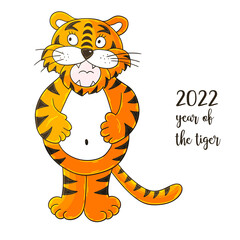 Symbol of 2022. Vector illustration with tiger in hand draw style. Cheerful tiger, stands and holds on to his stomach