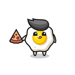 cute fried egg cartoon eating pizza