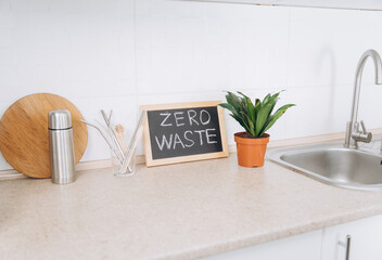 Modern  kitchen with zero waste food and dishes cleaning items. Sustainable lifestyle concept.