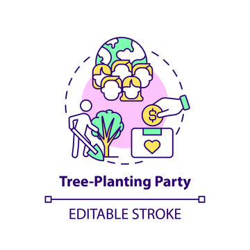 Tree-planting Party Fundraiser Concept Icon. Fundraising Campaign Abstract Idea Thin Line Illustration. Raising Money And Ecological Conscience. Vector Isolated Outline Color Drawing. Editable Stroke