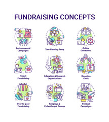 Fundraising concept icons set. Gathering financial support idea thin line color illustrations. Environmental campaign. Online donations. Vector isolated outline drawings. Editable stroke