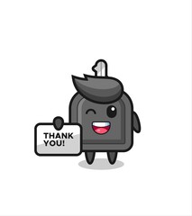 the mascot of the car key holding a banner that says thank you
