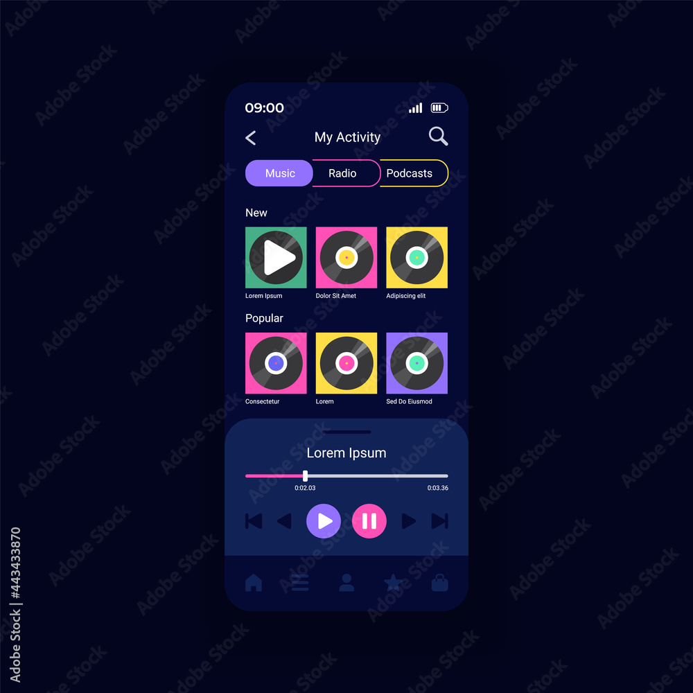 Poster playing songs and podcasts smartphone interface vector template. streaming live radio stations. mobi
