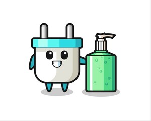 cute electric plug cartoon with hand sanitizer