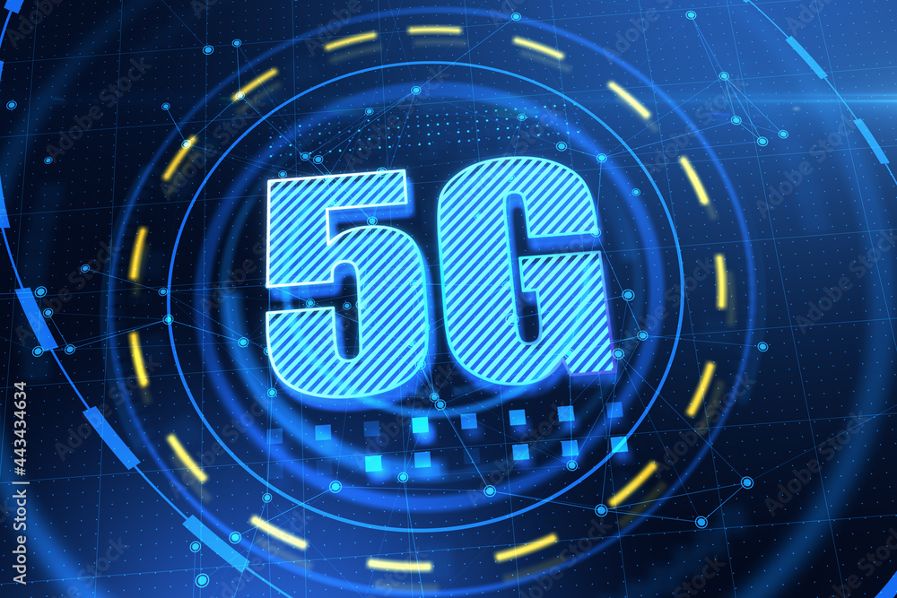 Aufkleber Abstract glowing 5G interface on blue background. Mobile internet, technology and speed concept. 3D Rendering.