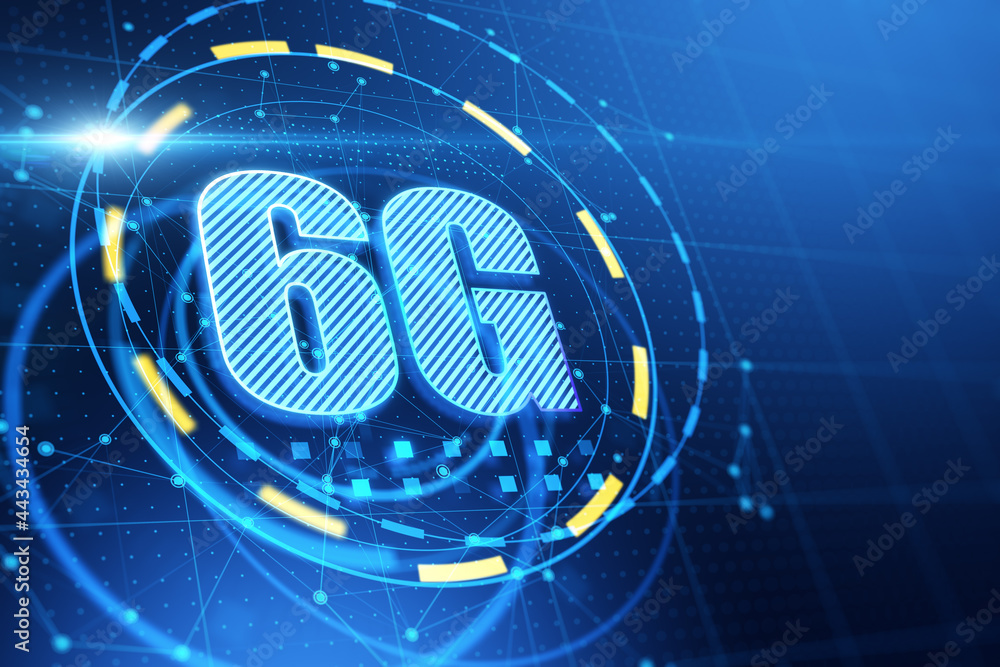 Poster abstract 6g hologram on blue background. innovation, future, technology, internet and speed concept.
