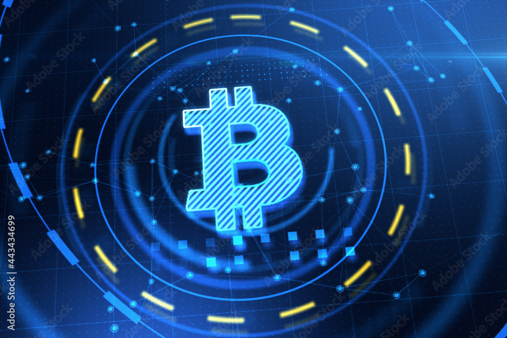 Poster Abstract bitcoin interface in blue background. Cryptocurrency and finance concept. 3D Rendering.