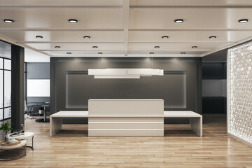 Modern office lobby interior with reception desk, wooden flooring and daylight. 3D Rendering. - obrazy, fototapety, plakaty