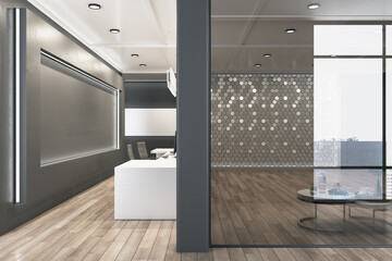 Contemporary office interior with glass wall, city view and furniture. Corporate concept. 3D Rendering.
