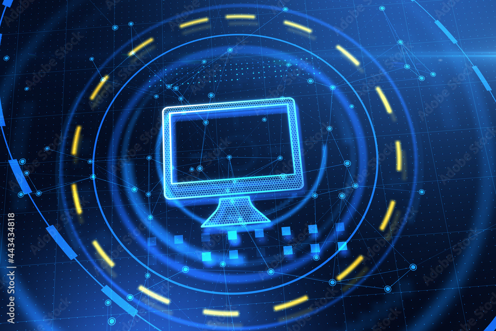 Poster Glowing blue computer monitor hologram on creative background. Digital transformation and technology concept. 3D Rendering.