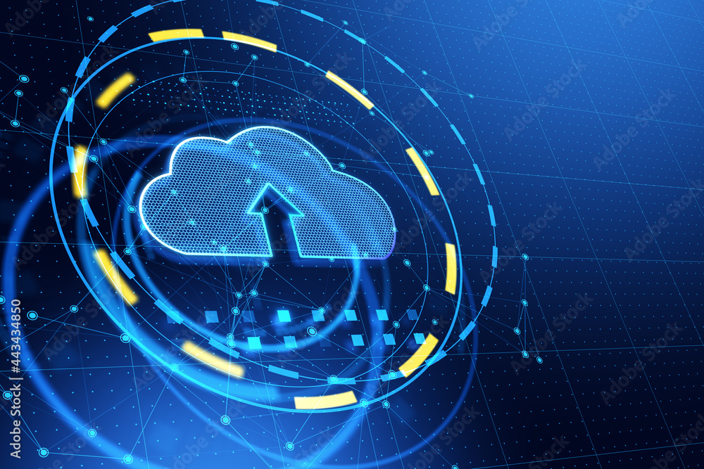 Poster Creative cloud icon on blue background. Cloud computing and database concept. 3D Rendering.