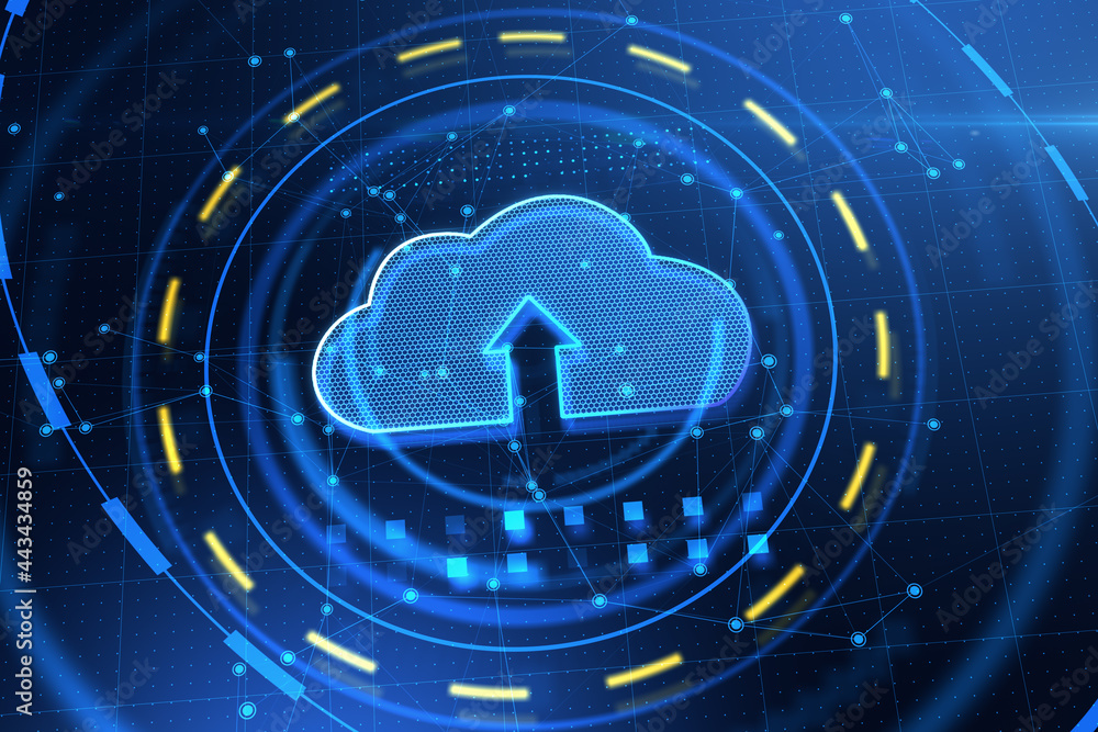 Poster Abstract cloud icon on blue background. Cloud computing and database concept. 3D Rendering.