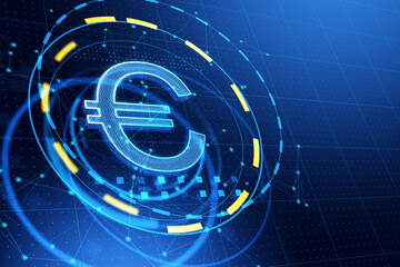 Glowing euro icon on blue background. Mobile banking and market concept. 3D Rendering.