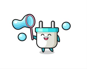 happy electric plug cartoon playing soap bubble