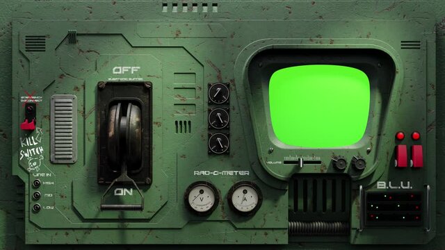 3D Render SciFi Retro Control Panel with blinking lights. The small TV monitor functions as a green screen 