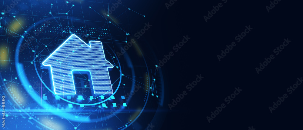 Poster Creative glowing house icon on blue landing page backdrop with mock up layout. Smart home and innovation concept. 3D Rendering.