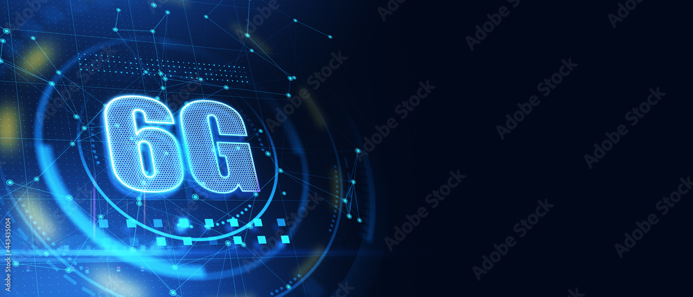 Poster abstract 6g hologram on blue background with mockup place. innovation, future, technology, internet 