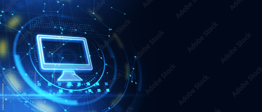 Aufkleber Glowing blue computer screen hologram on creative background with mock up place. Digital transformation and technology concept. 3D Rendering.