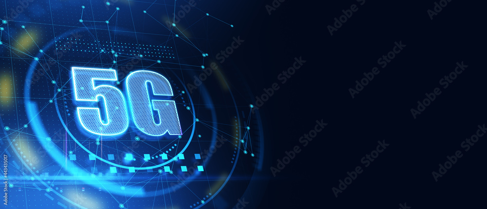 Poster Abstract glowing 5G interface on blue background with mockup place. Mobile internet, technology and speed concept. 3D Rendering.