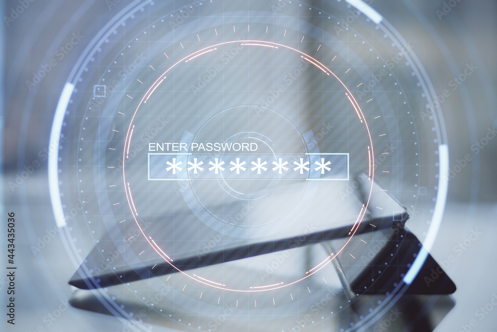 Poster Close up of tablet on blurry desktop background with abstract digital round interface. Verification and technology concept. Double exposure.