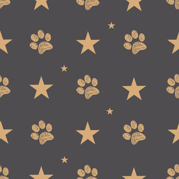 Stars with doodle gold paw prints and stars seamless fabric pattern