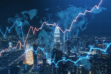 Plakat Night city background with glowing forex graph and skyline. Market growth and stock concept. Double exposure.