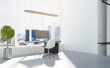 Modern coworking office interior with sunlight, furniture and empty banner on concrete wall. Mock up, 3D Rendering.
