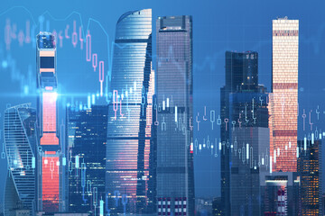 Abstract night city background with glowing forex graph and skyline. Market growth and stock concept. Double exposure.