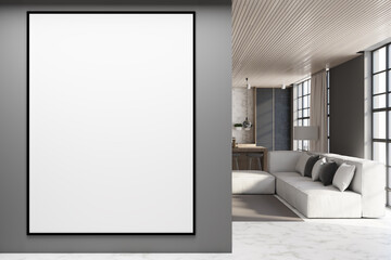 Modern living room interior with comfortable couch, city view with daylight and blank frame on concrete wall. Mock up, 3D Rendering.