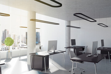 Bright coworking office interior with sunlight, furniture and equipment. 3D Rendering.