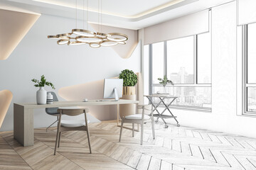 Contemporary office interior blueprint. Repairs and refurbishment concept. 3D Rendering.