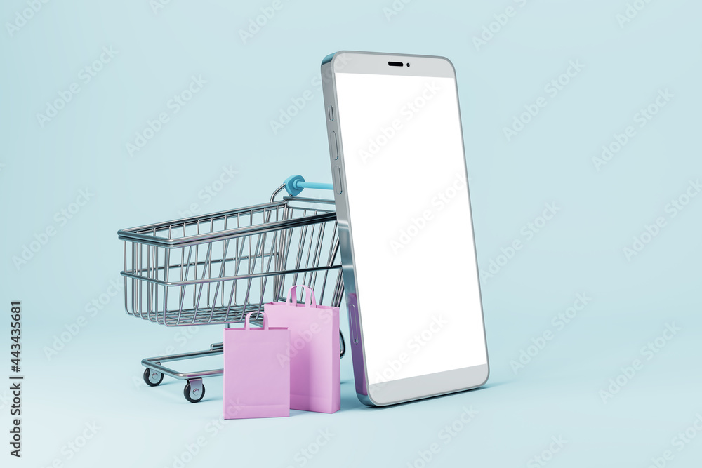 Poster empty white smartphone with cart and bags on light background. online shopping and purchase concept.