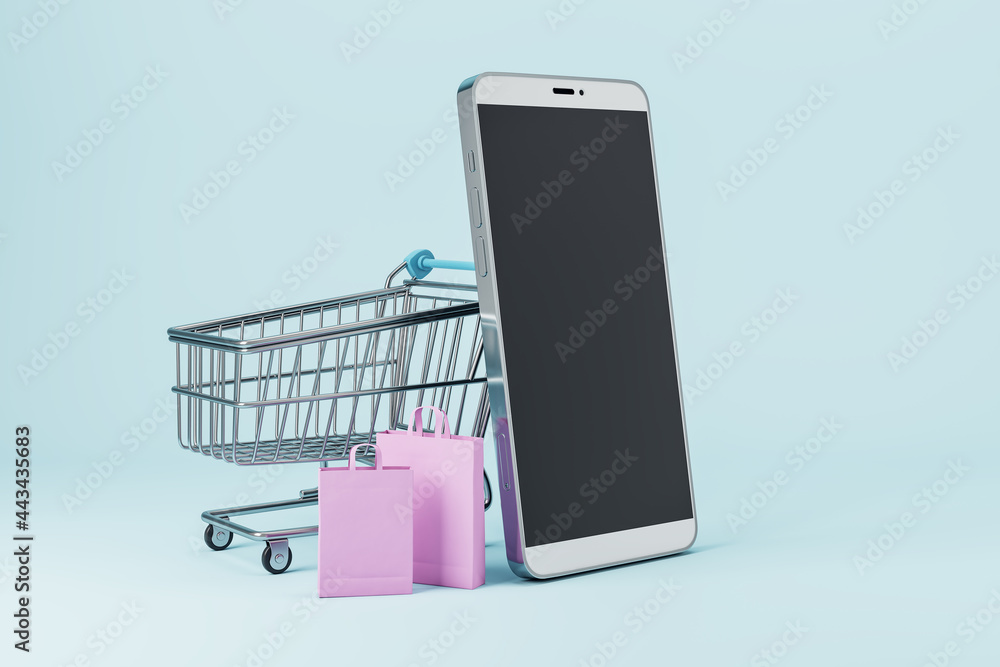 Poster empty black smartphone with cart and bags on light background. online shopping and purchase concept.