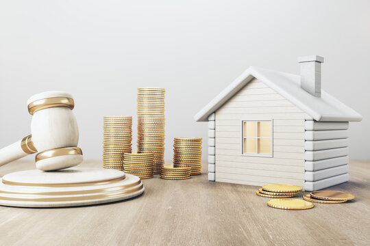 White house with golden coin stacks and gavel on concrete and wooden background. Divorce and property division concept. 3D Rendering.