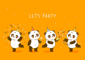Cute panda bears border on orange background - cartoon characters for Birthday greeting card design © evgeniya_m