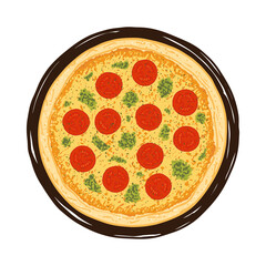 Vector illustration of hand drawn pizza. Tasty Italian pizza topped with cheese, cherry tomatoes and pesto.