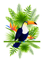Bright toucan bird with tropical leaves and flowers - for Your summer design 4