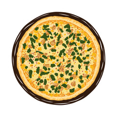 Vector illustration of hand drawn pizza. Tasty Italian pizza topped with chicken, cheese and spinach.