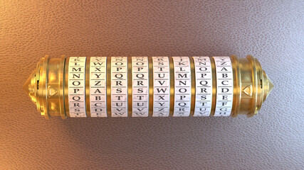 Ancien appareil protégé par mot de passe. Les anneaux tournent pour aligner les lettres qui composent le mot PASSWORD. Rendu 3D
