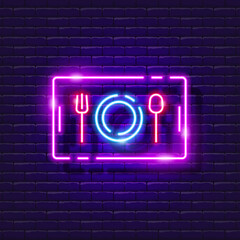 Tray with plate and cutlery neon sign. Food in the school cafeteria glowing icon. Vector illustration for design. Fast food concept.