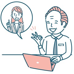 オンライン英会話を楽しむシニア男性ビジネスパーソンのイラスト素材